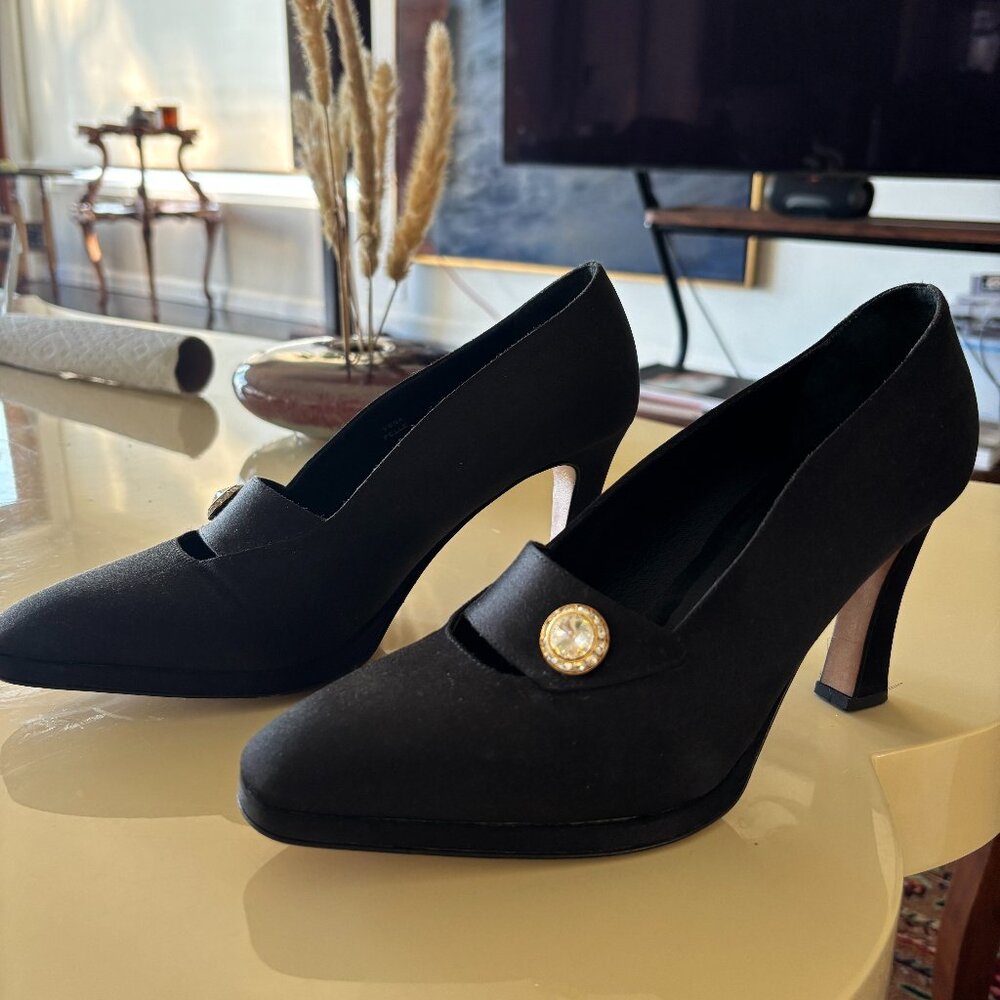 Vintage Mario Bologna Black Satin Pumps with Crystal Button – Size 8